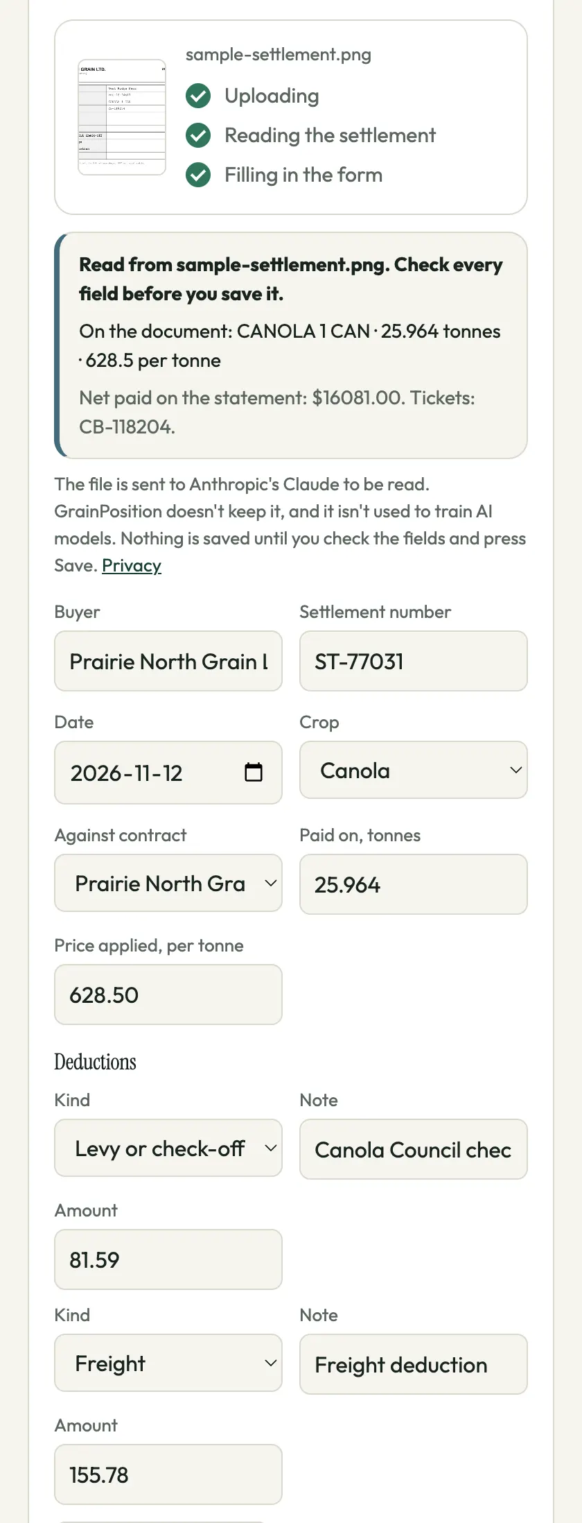 The settlement form, filled in: ST-77031, November 12, 2026, canola, against the Prairie North Grain contract, 25.964 tonnes at $628.50, a check-off of $81.59 and a freight deduction of $155.78