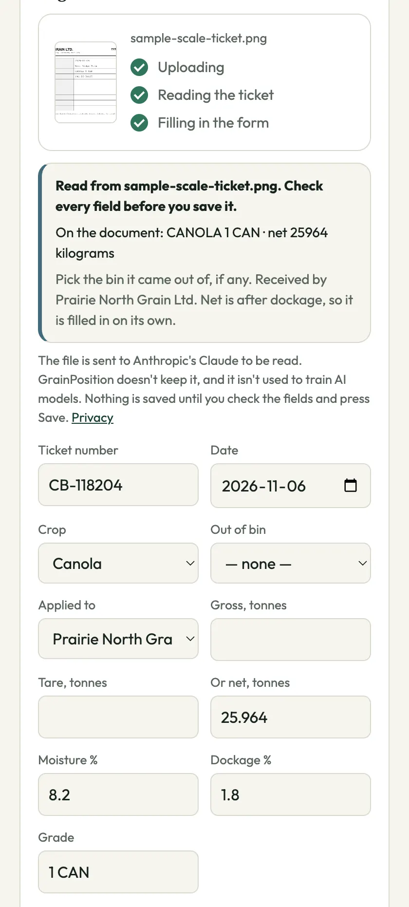 The load form, filled in from the ticket: CB-118204, November 6, 2026, canola, applied to the Prairie North Grain contract, 25.964 tonnes net, 8.2% moisture, 1.8% dockage, 1 CAN
